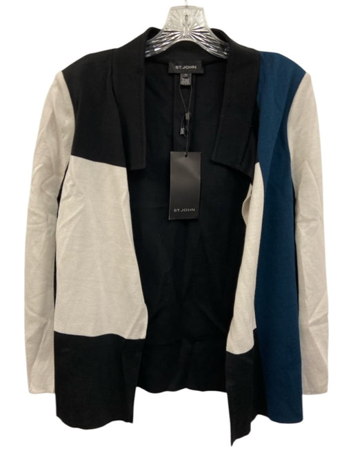 St. John Size 10 Cream White, Black & Blue Wool Blend Color Block Knit Jacket Cream White, Black & Blue / 10