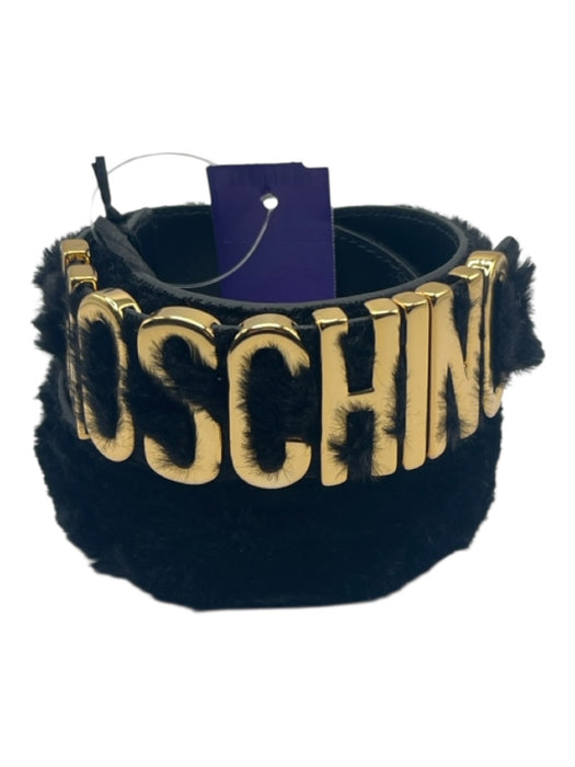 Moschino Black Leather Fuzzy Logo Buckle Peg Clasp Furry Belts Black / 48