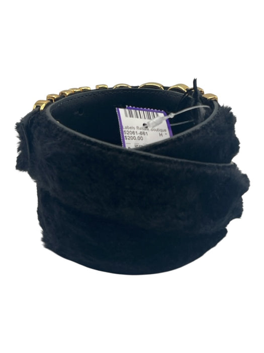 Moschino Black Leather Fuzzy Logo Buckle Peg Clasp Furry Belts Black / 48