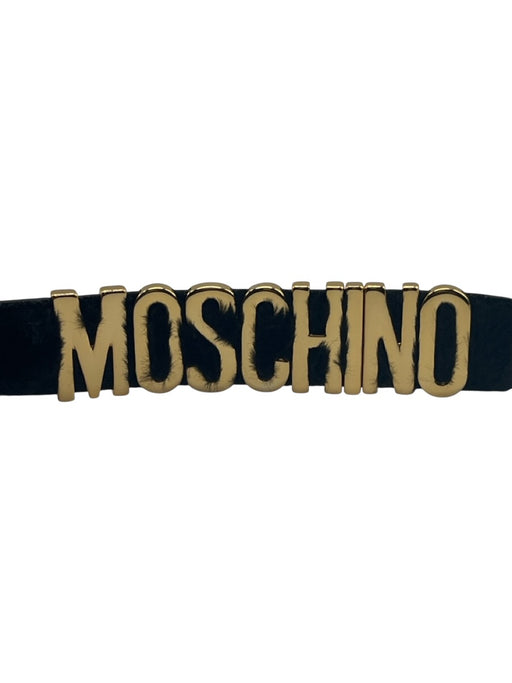 Moschino Black Leather Fuzzy Logo Buckle Peg Clasp Furry Belts Black / 48