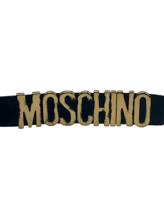 Moschino Black Leather Fuzzy Logo Buckle Peg Clasp Furry Belts Black / 48