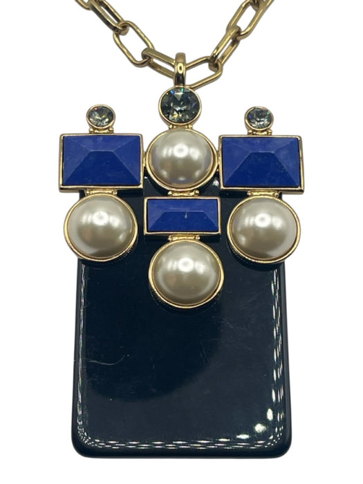 Tory Burch Black, Blue & White Gold Tone Metal Chain Link Geometric Necklace Black, Blue & White