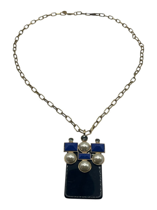 Tory Burch Black, Blue & White Gold Tone Metal Chain Link Geometric Necklace Black, Blue & White