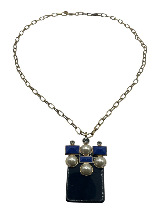 Tory Burch Black, Blue & White Gold Tone Metal Chain Link Geometric Necklace Black, Blue & White