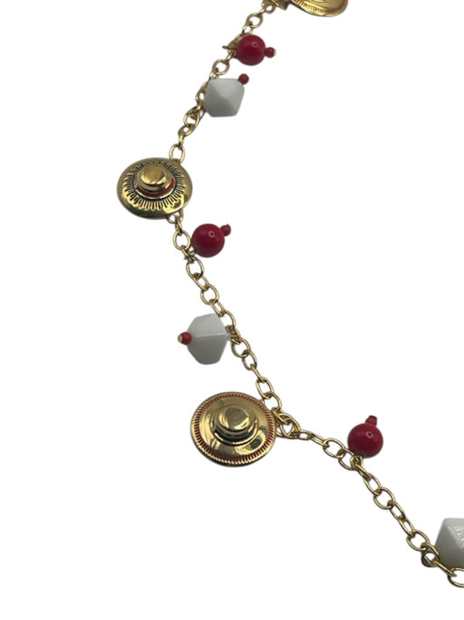 Tory Burch Red & White Gold Tone Metal Chain Charm Bead Detail Necklace Red & White