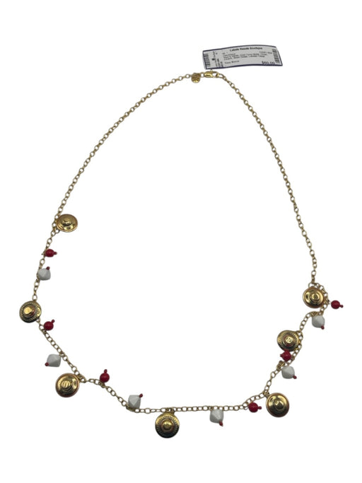 Tory Burch Red & White Gold Tone Metal Chain Charm Bead Detail Necklace Red & White