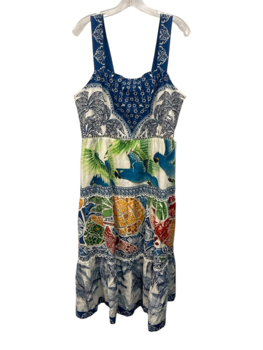 Farm Rio Size XL Blue & Multi Linen Blend Ladder Back Birds & Floral Dress Blue & Multi / XL