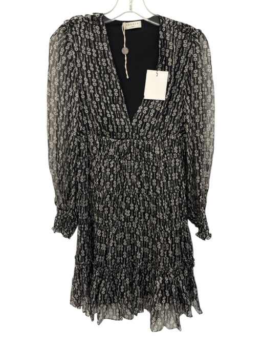 Sandro Size 34 Black & White Polyester Long Sleeve Floral Shirred Dress Black & White / 34