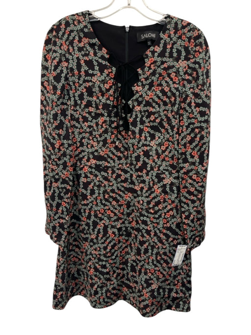 Saloni Size 6 Green, Pink, Black Viscose Blend Long Sleeve Floral Lace Up Dress Green, Pink, Black / 6