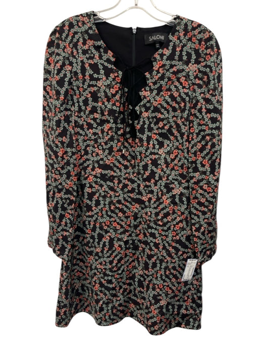 Saloni Size 6 Green, Pink, Black Viscose Blend Long Sleeve Floral Lace Up Dress Green, Pink, Black / 6