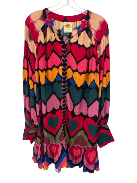 Farm Rio Size Large Black & Multi Rayon Long Sleeve Heart Button Front Dress Black & Multi / Large