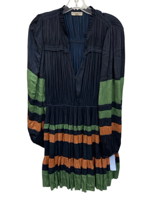 Ulla Johnson Size 6 Navy Blue, Green, Orange Polyester Long Sleeve Striped Dress Navy Blue, Green, Orange / 6