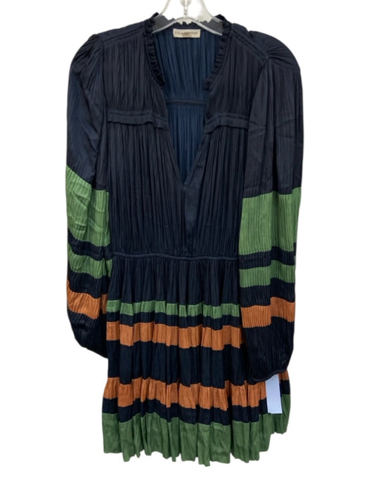 Ulla Johnson Size 6 Navy Blue, Green, Orange Polyester Long Sleeve Striped Dress Navy Blue, Green, Orange / 6