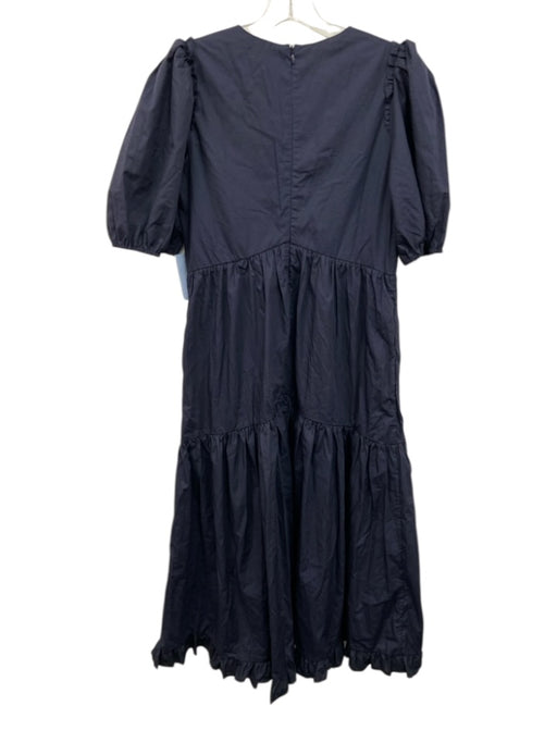 Iris & Ink Size 10 Navy Blue Cotton Blend Half Puff Sleeve Split Neck Maxi Dress Navy Blue / 10