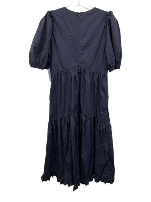 Iris & Ink Size 10 Navy Blue Cotton Blend Half Puff Sleeve Split Neck Maxi Dress Navy Blue / 10
