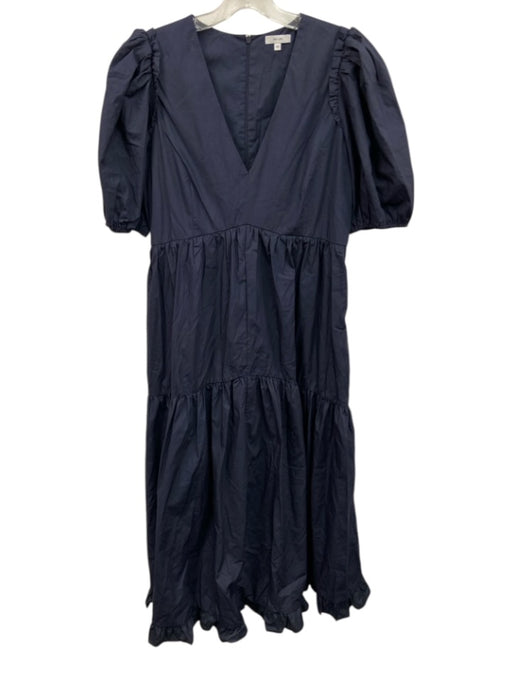 Iris & Ink Size 10 Navy Blue Cotton Blend Half Puff Sleeve Split Neck Maxi Dress Navy Blue / 10