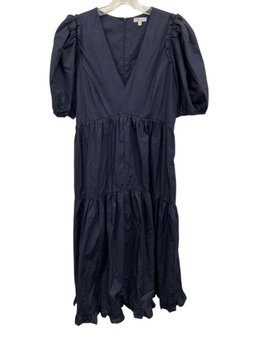 Iris & Ink Size 10 Navy Blue Cotton Blend Half Puff Sleeve Split Neck Maxi Dress Navy Blue / 10
