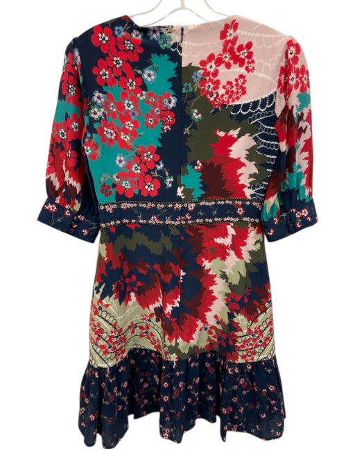 Saloni Size 4 Blue, Red, Green Silk Half Sleeve Floral Split Neck Gathered Dress Blue, Red, Green / 4