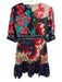Saloni Size 4 Blue, Red, Green Silk Half Sleeve Floral Split Neck Gathered Dress Blue, Red, Green / 4