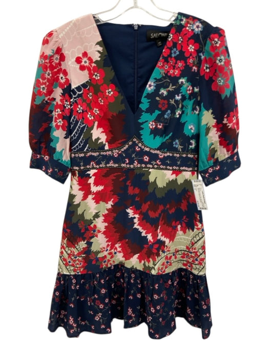 Saloni Size 4 Blue, Red, Green Silk Half Sleeve Floral Split Neck Gathered Dress Blue, Red, Green / 4