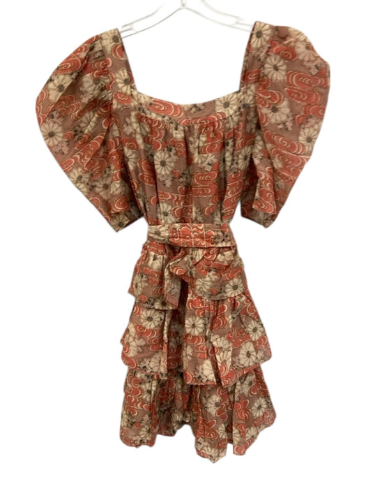 Ulla Johnson Size 10 red, brown, cream Cotton Blend Short Puff Sleeve Dress red, brown, cream / 10
