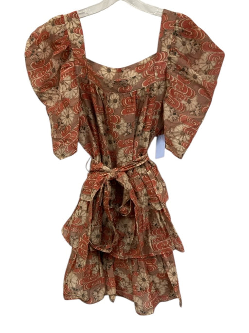Ulla Johnson Size 10 red, brown, cream Cotton Blend Short Puff Sleeve Dress red, brown, cream / 10