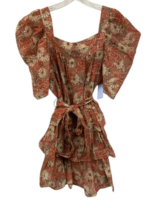 Ulla Johnson Size 10 red, brown, cream Cotton Blend Short Puff Sleeve Dress red, brown, cream / 10
