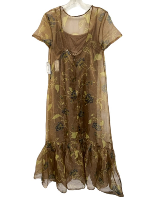Staud Size Large Brown, Green, Blue Polyester Short Sleeve Floral Maxi Dress Brown, Green, Blue / Large