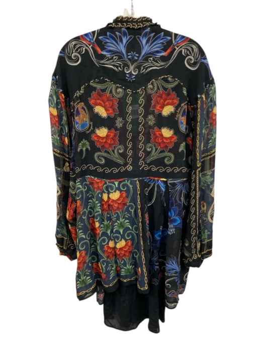 Farm Rio Size Large Black & Multi Viscose Long Sleeve Floral V Neck Sheer Dress Black & Multi / Large