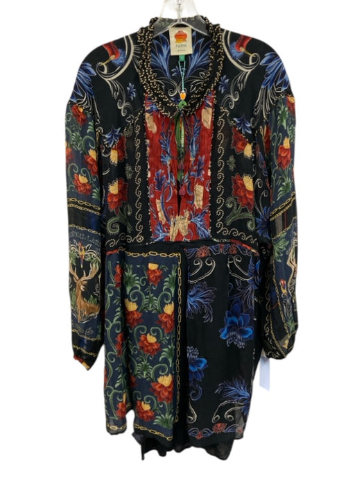 Farm Rio Size Large Black & Multi Viscose Long Sleeve Floral V Neck Sheer Dress Black & Multi / Large