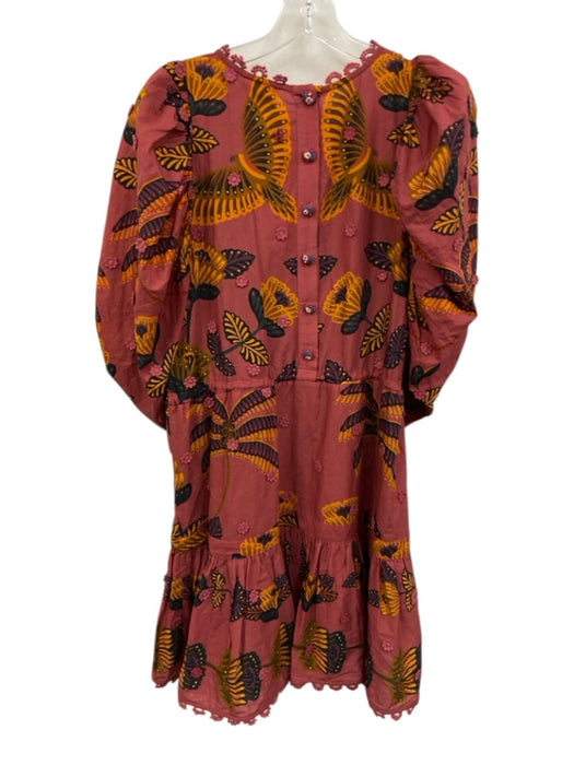 Farm Rio Size Medium Mauve & Yellow Cotton Half Sleeve Floral Gathered Dress Mauve & Yellow / Medium