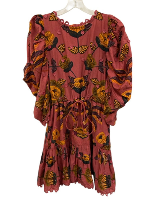 Farm Rio Size Medium Mauve & Yellow Cotton Half Sleeve Floral Gathered Dress Mauve & Yellow / Medium
