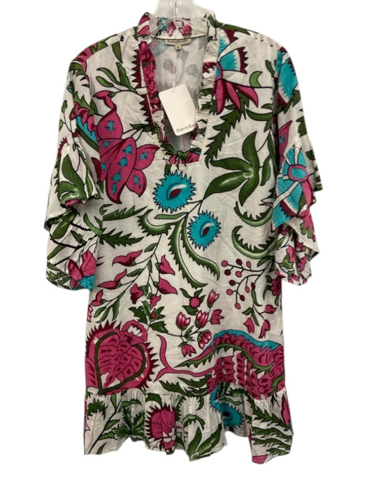 Fitzroy & Willa Size Medium Pink, Green, Blue Cotton Half Sleeve Floral Dress Pink, Green, Blue / Medium