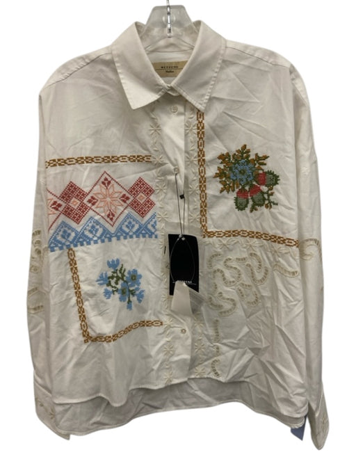 Weekend Max Mara Size 10 White & Multi Cotton Long Sleeve Cross Stitch Top White & Multi / 10