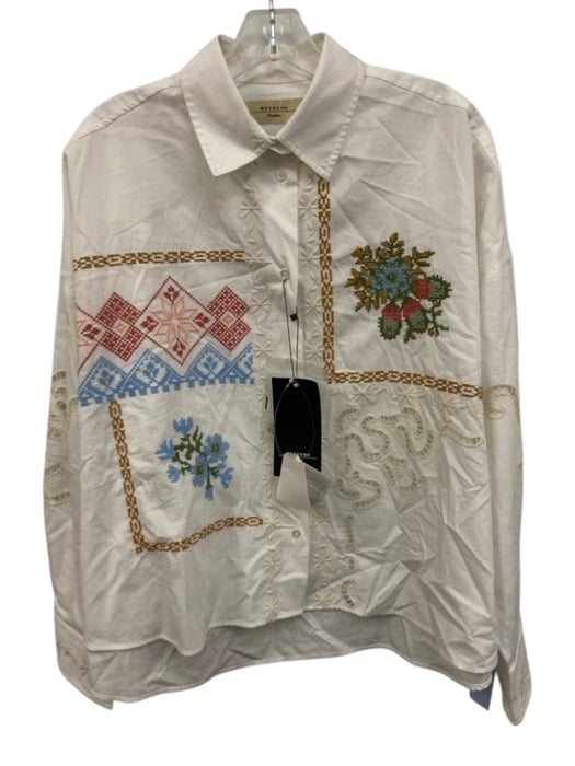 Weekend Max Mara Size 10 White & Multi Cotton Long Sleeve Cross Stitch Top White & Multi / 10