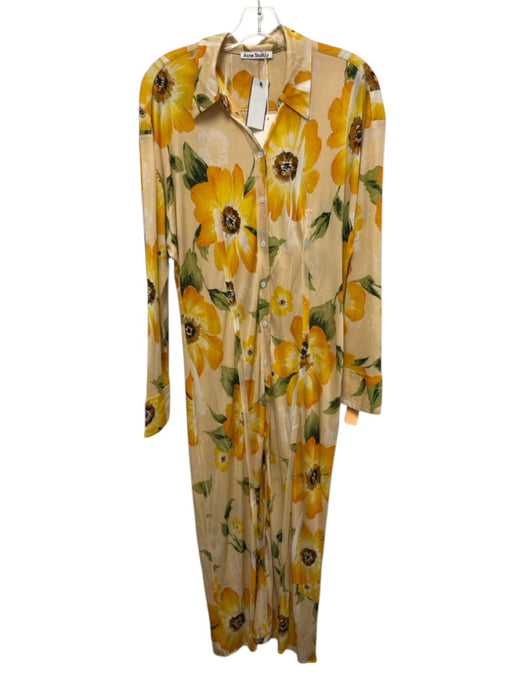Acne Studios Size 38 Yellow, Peach & Green Viscose Long Sleeve Floral Maxi Dress Yellow, Peach & Green / 38