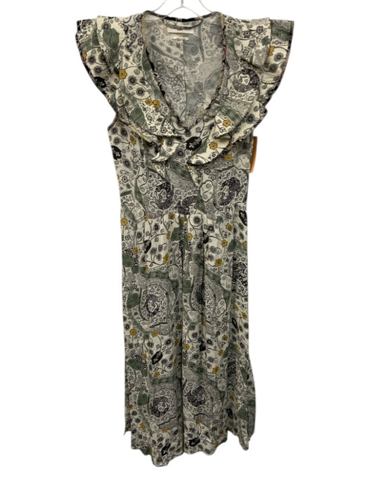 Isabel Marant Etoile Size 38 Cream, Green, Brown Cotton Blend Floral Midi Dress Cream, Green, Brown / 38