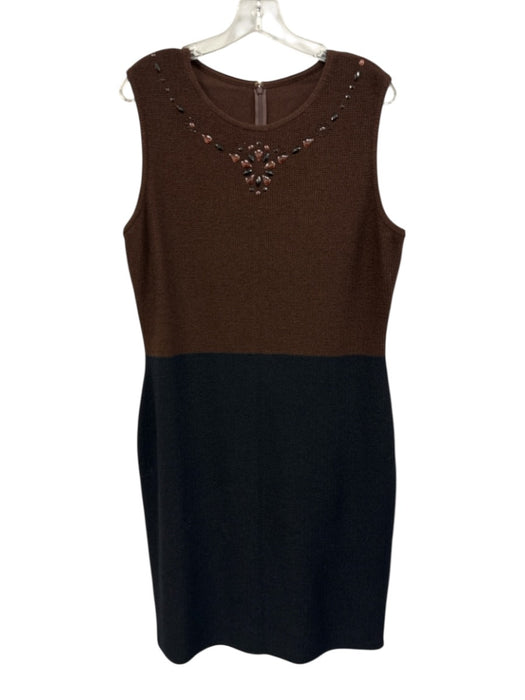 St. John Size 14 Black & Brown Wool Blend Knit Sleeveless Jeweled Detail Dress Black & Brown / 14