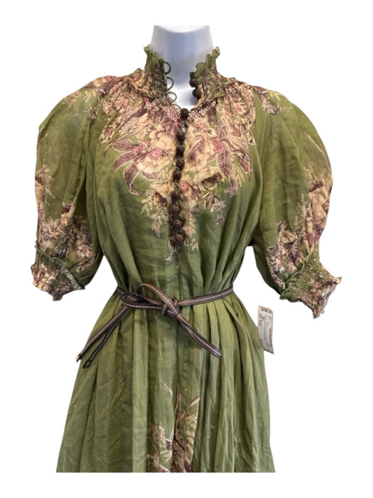 Zimmermann Size 0/XS Green Print Ramie Floral Short Puff Sleeve Belt Inc. Dress Green Print / 0/XS