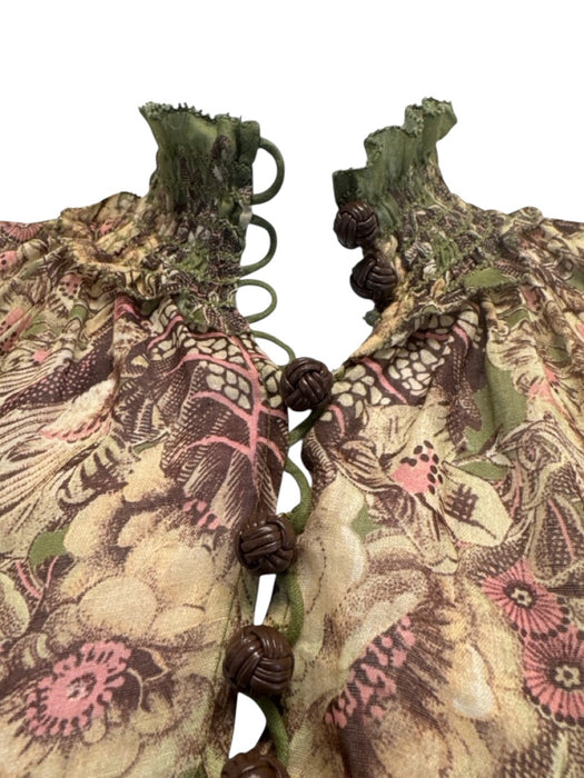 Zimmermann Size 0/XS Green Print Ramie Floral Short Puff Sleeve Belt Inc. Dress Green Print / 0/XS