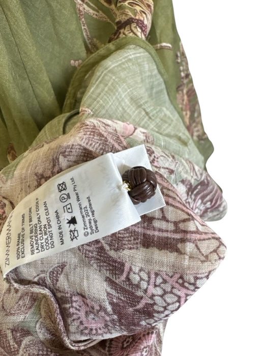 Zimmermann Size 0/XS Green Print Ramie Floral Short Puff Sleeve Belt Inc. Dress Green Print / 0/XS