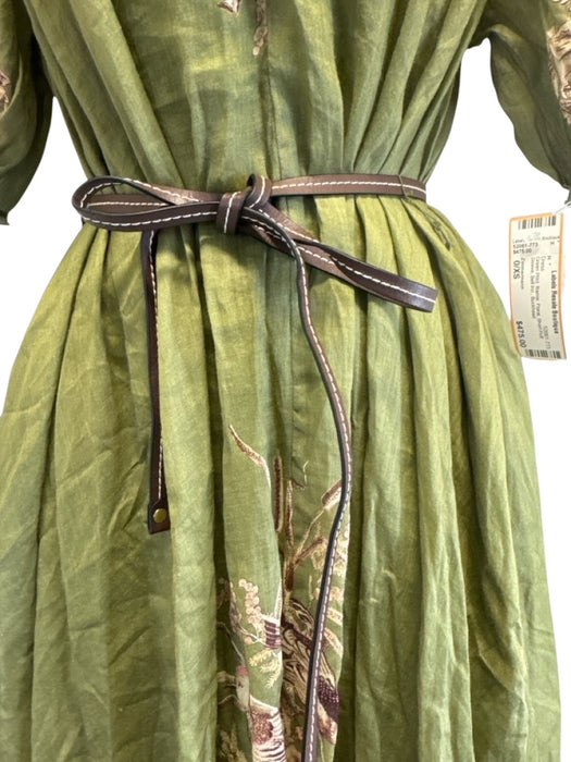 Zimmermann Size 0/XS Green Print Ramie Floral Short Puff Sleeve Belt Inc. Dress Green Print / 0/XS