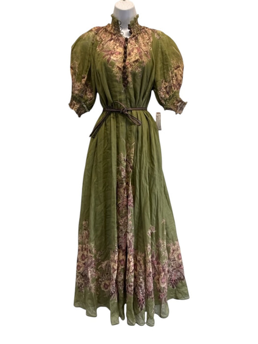 Zimmermann Size 0/XS Green Print Ramie Floral Short Puff Sleeve Belt Inc. Dress Green Print / 0/XS