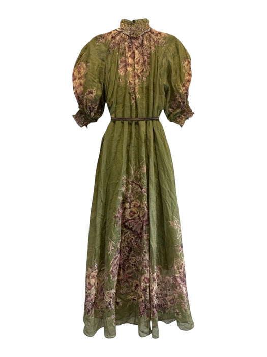 Zimmermann Size 0/XS Green Print Ramie Floral Short Puff Sleeve Belt Inc. Dress Green Print / 0/XS