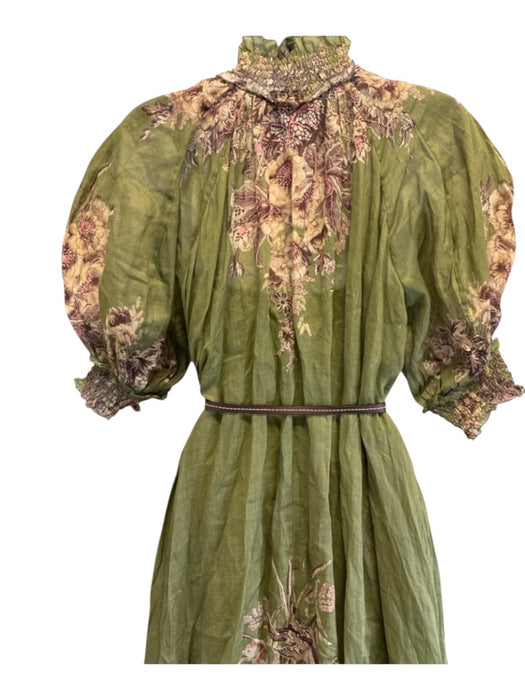 Zimmermann Size 0/XS Green Print Ramie Floral Short Puff Sleeve Belt Inc. Dress Green Print / 0/XS