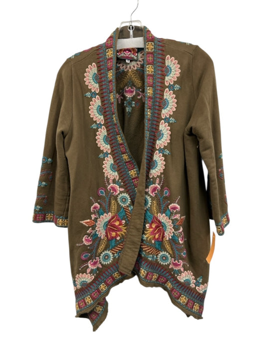 Johnny Was Size Small Brown & Multi Cotton Blend Embroidered Open Front Cardigan Brown & Multi / Small