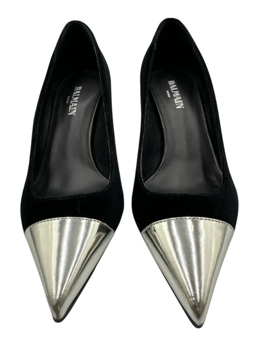 Balmain Shoe Size 36 Black & Silver Velvet Patent Leather Kitten Heel Pumps Black & Silver / 36