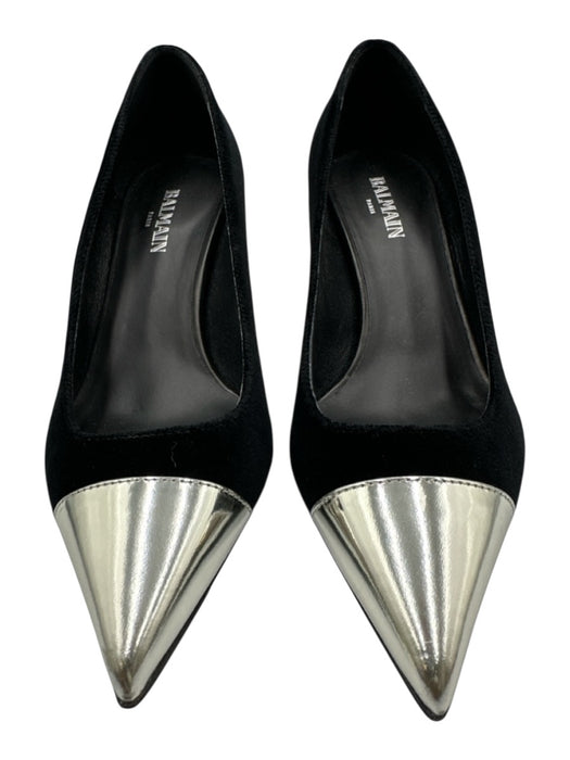 Balmain Shoe Size 36 Black & Silver Velvet Patent Leather Kitten Heel Pumps Black & Silver / 36