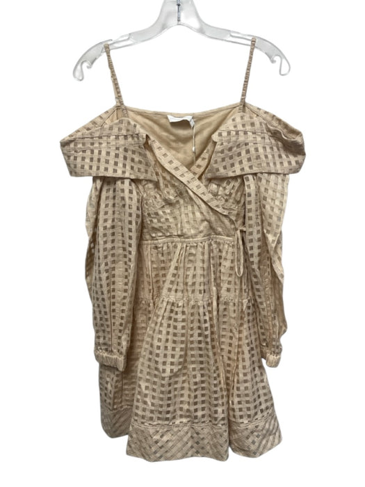 Jonathan Simkhai Size L Beige Cotton & Silk Grid Wrap Detail Off Shoulder Dress Beige / L