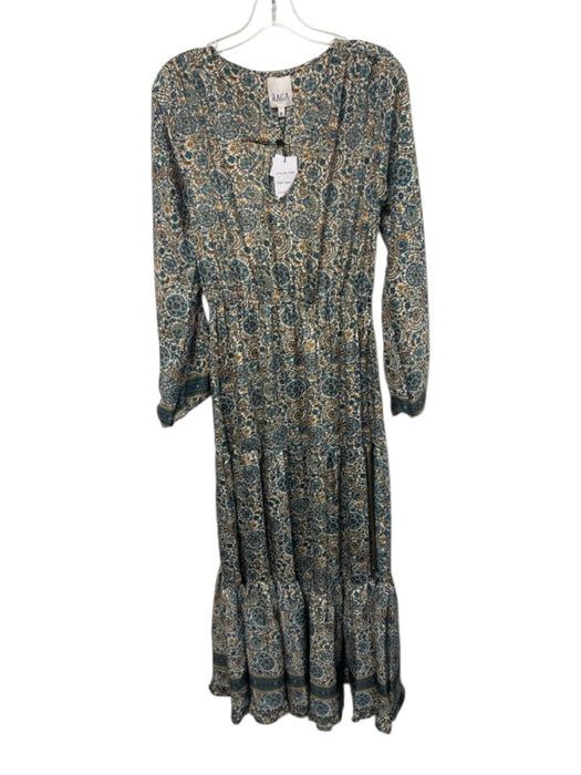 Raga Size M Teal & Beige Pointelle Printed Long Balloon Sleeve V Neck Dress Teal & Beige / M